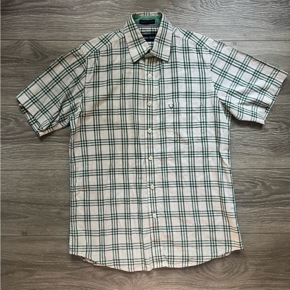 Allen Solly Men’s 100% Cotton Green Cream Plaid Short Sleeve Button Down Size 38 - Picture 1 of 8